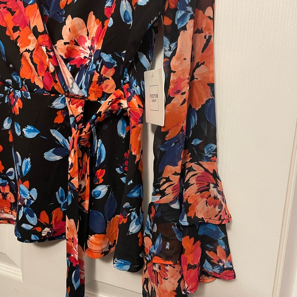 PerSeption Concept Black Wrap Blouse with Orange and Blue Floral Print - Picture 4 of 7